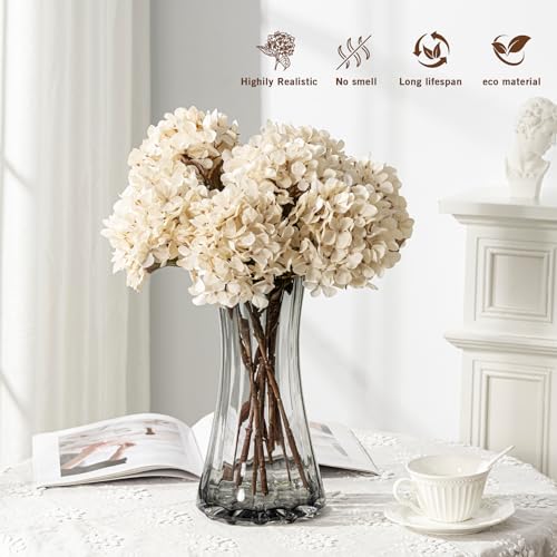 Artificial Flower Fake Silk Hydrangea Heads Bouquet with Stems Bulk for Fall Decoration Table Center Christmas Indoor Outdoor Faux Floral Realistic with Leaves Plants Crafts 8PCS(White) - color: White