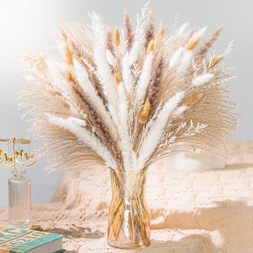 Natural Pampas Grass 8kind Grass Mix Bouquet | Dried Pampas Bouquet for Wedding Boho Flowers Home Table Desk Decor, Rustic Farmhouse Decor (93PCS) - size: 93PCS