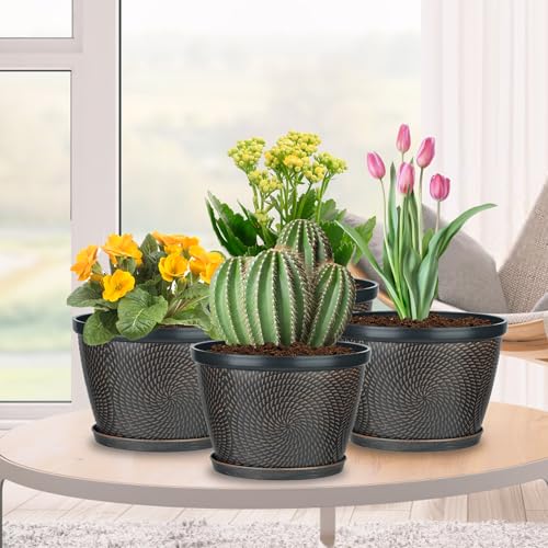 Quarut 4 Pack 8 Inch Flower Pots for Outdoor Indoor, Plastic Plant Pots with Drainage Hole & Saucer, Lightweight Small Flower Pot, Circle Pattern Planters for Garden House planters（Brown） - color: Circular Pattern-brown, size: 8 inch-4 Pack