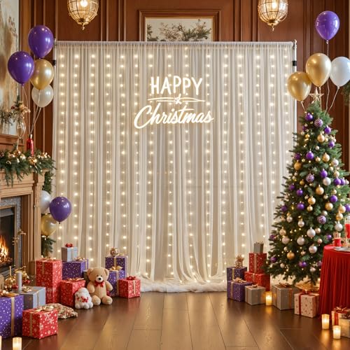 Ivory Sheer Backdrop Curtains with Lights String for Parites Wedding 10×8ft Tulle Backdrop Curtains for Baby Shower Birthday Party Photo Shoot Background Decorations - color: Ivory, size: 10 ft X 8 ft(2 Panels 5ft X 8ft)