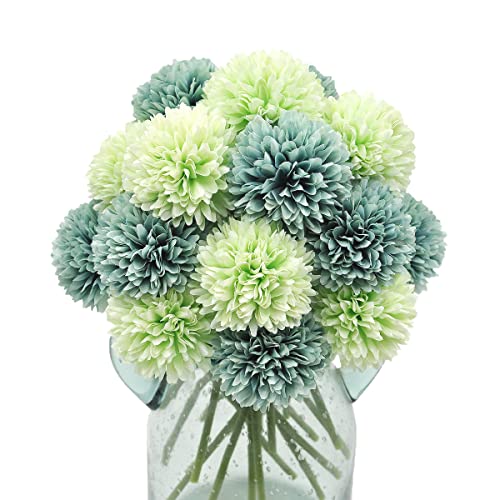 20Pcs Artificial Fake Flower Plants Silk Chrysanthemum Ball Hydrangea Arrangements Wedding Bouquets Decor Home Kitchen Garden Party Table Floral Centerpieces DIY (Blue&Green) - color: Blue&green