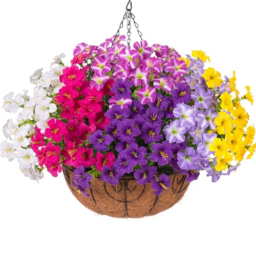 INSPRING Artificial Fake Hanging Plants Flowers Basket for Outdoors, UV Resistant Faux Hanging Silk Morning Glory in Planter Look Real Petunias for Outside Patio Porch Balcony Garden Decor, 6Mix - color: 6 Mixcolors