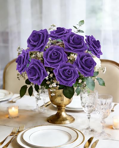 DuHouse 50Pcs Artificial Roses Flowers Fake Roses with Stems Real Touch Foam Flowers for DIY Wedding Bouquet Centerpiece Floral Arrangement Party Home Decor (Dark Purple) - color: Dark Purple, size: 50pcs