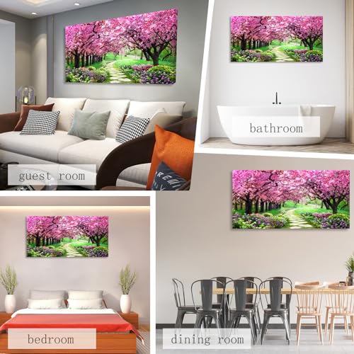 Aibonnly Canvas Wall Art Painting Pink Cherry Blossoms 1 Piece Park Tree Forest Wallpaper Spring landscape Picture Poster Print Framed and Stretched Ready to Hang for Living Room Bedroom Artwork - color: Pink, size: 58"L x 29"W