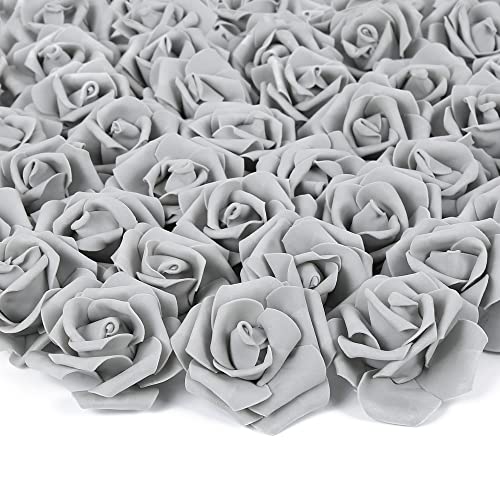 Artificial Rose Flower Heads, 100pcs Gray Roses Artificial Flower Foam Rose for DIY Wedding Bouquets Centerpieces Arrangements Party Baby Shower Home Decor (Stemless,Gray) - color: Grey, size: 100PCS