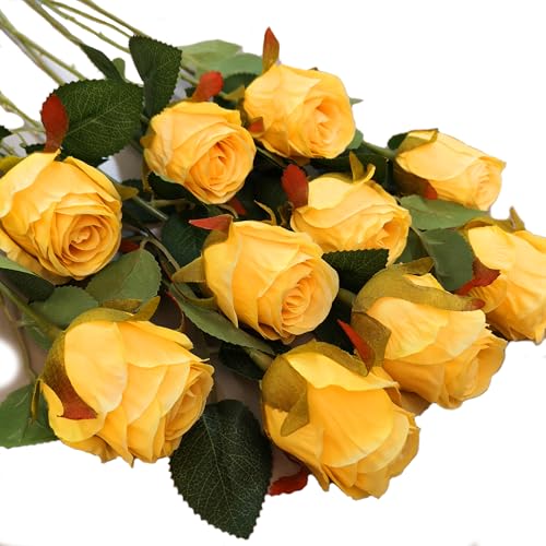 Artificial Roses 10 Pcs - Lifelike Single Stem Fake Roses with Natural Petal Texture,Fade-Resistant Silk Flowers for Wedding Decor,Home Vase Arrangements,Party Centerpieces(10, Yellow) - color: Yellow
