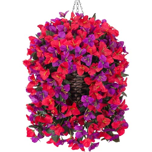 Ivydale Bougainvillea Artificial Hanging Fake Flowers with Basket for Outdoors Decoration, Faux Silk Flowers UV Resistant Fake Plants Long Vines Realistic for Outside Front Door Porch, Red Fuchsia - color: Red Fuchsia