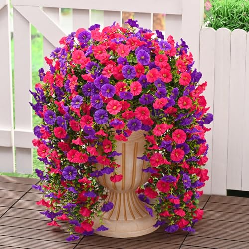 Dolicer 2 Pack Look Real Artificial Flowers for Outdoors, Fake Artificial Hanging Flowers for Outdoors Realistic UV Resistant Hanging Flowers Silk Petunia Faux Flowers for Porch Patio(Purple+Rose Red) - color: Purple+rose Red, size: 2 packs