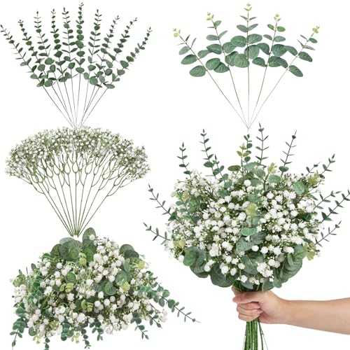 Serwalin 25 Pcs Mixed Artificial Eucalyptus Stems,Babys Breath Artificial Flowers Bulk with Faux Eucalyptus Leaves Greenery Stems for Wedding DIY Bouquets Floral Arrangement Home Decor - size: 25pcs