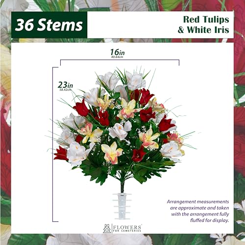 Sympathy Silks Artificial Cemetery Flowers - Grave Decoration - Red Tulips and White Iris (1) Bouquet - color: Red/White, size: (1) Bouquet