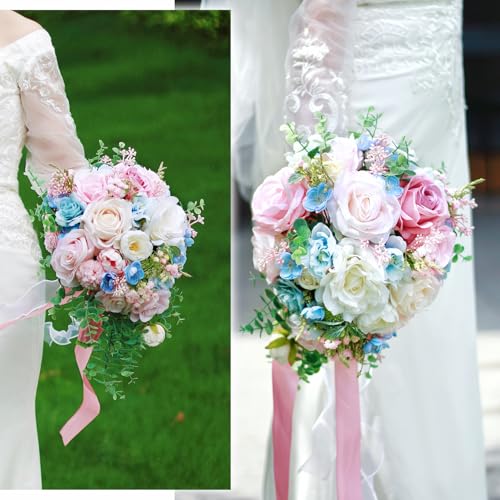Large Pink Rose Bouquets for Bride Spring Summer Wedding Creamy Blue Blush Pink White Cascading Bridal Bouquet Artificial Silk Flower Boho Rustic Ceremony Anniversary Decor Toss Bouquet - color: Light Pink Blue