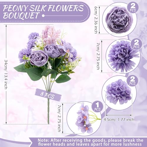 Zeyune 8 Pcs 13.4 Inch Artificial Flowers Bouquet Fake Silk Flowers Faux Bouquet Hydrangea Bouquets for Wedding Birthday Table Centerpieces Home Office Decoration (Peony,Purple) - color: Purple, size: Peony