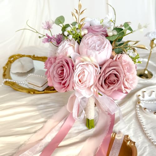 9 Inch Blush Pink Wedding Bouquets for Bride Bridesmaid, Artificial Fake Dusty Roses Gold Flowers Pearl Bridal Bouquet Pastel Spring Boho Rustic Wedding Decoration Toss Bouquet Prom Anniversary - color: Dusty Pink Gold
