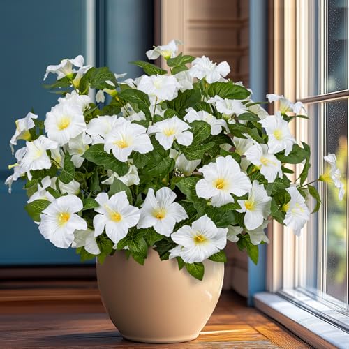 19 Inch Artificial Fake Flowers for Outdoor,4 Pcs White Faux Silk Petunias Spring Flowers for Outside for Indoor Porch Planter Front Door Garden Patio Window Box Home Decor - color: White