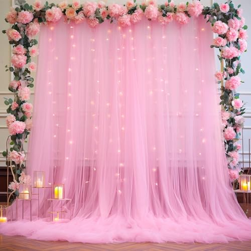 Pink Tulle Backdrop Curtains with Lights String for Parites 10ft×8ft Wrinkle Free Pink Sheer Sparkle Backdrop Curtains for Baby Shower Girls Bridal Shower Birthday Party Photo Shoot Decorations - color: Pink, size: 10 ft X 8 ft(2 Panels 5ft X 8ft)