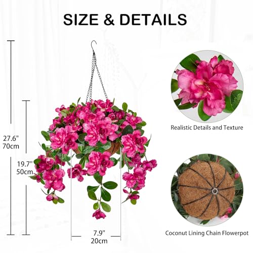 Briful Fake Hanging Flowers with Basket, Hot Pink Artificial Azalea Hanging Silk Basket Flowers Outdoor Faux Flowers for Home Garden Patio Porch Balcony Yard Decor - color: Hot Pink, size: Large