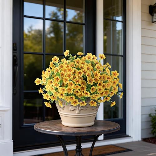 2 Set of Artificial Morning Glory & Eucalyptus Topiary Trees - Faux Silk Flower Potted Plants, UV-Resistant Fake Outdoor Morning Glory Bushes for Front Door, Yard, Farmhouse, Garden Decor (Yellow) - color: Yellow