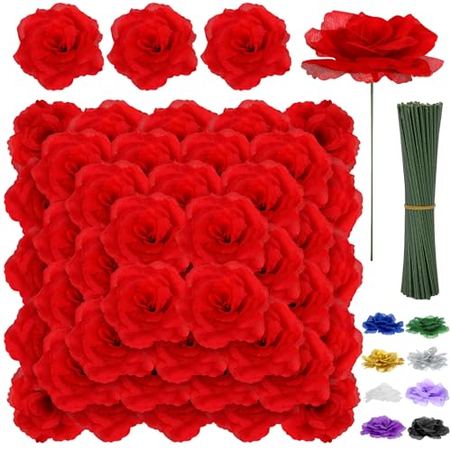 LELEE Rose Head Flowers with Stem - 108pcs Red Roses Artificial Flowers Bulk - Silk Rose Fake Flower for Wedding Bouquet Party Home Decor DIY Baby Shower Centerpieces Tables Decoration - color: Red Color