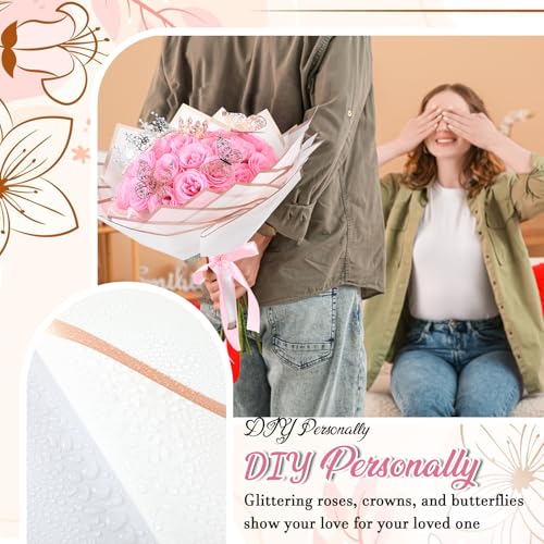 Thiccywoov 36 Pcs Glitter Roses Bouquet Artificial Rose DIY Flower Bouquet Kit Flower Wrapping Paper 3D Butterflies Crowns for Mom Graduation Birthday (Pink) - color: Pink