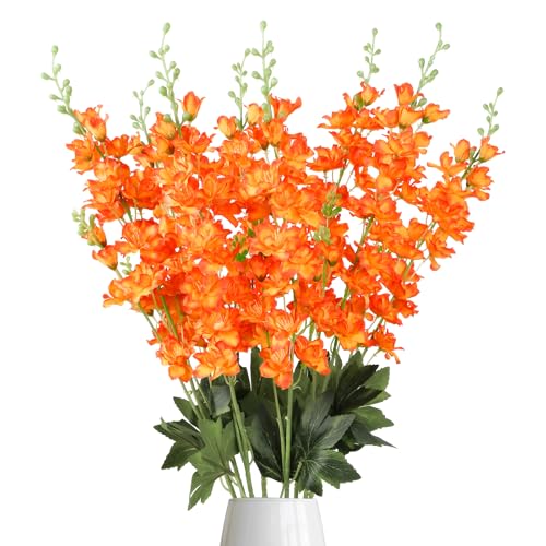 Orange Delphinium Artificial Flowers,8PCS Long Stem Silk Larkspur Flowers 33.5'' Faux Delphinium Stems for Tall Vase Home Wedding Table Decor(Orange) - color: Orange