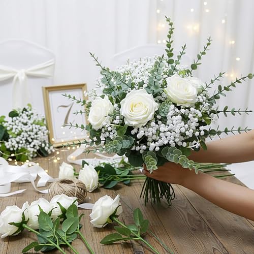 HUAHUA Mixed Artificial Eucalyptus Leaves Stems Bulk,Fake Greenery Plants Faux Silver Dollar Eucalyptus Leaves for DIY Bouquets Centerpiece Floral Arrangement Home Wedding Decor (120, Green/White) - color: Green/White