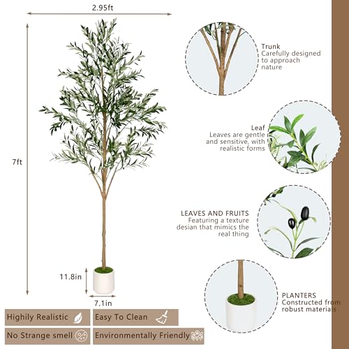 Artificial Olive Tree - Tall Indoor Faux Olive Tree with Planter & Basket, Realistc Fake Olive Tree with Fruits for Home Office Decor Living Roomi (7ft) - size: 7ft