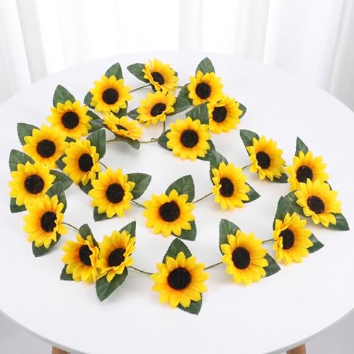 4 Pack Artificial Sunflower Garland Silk Sunflower Decor 2.3m Long with Green Leaves and Fade Resistant Petals for Wedding | Sunflowers Decorations for Garden Party Wall Home Floral Arrangement
