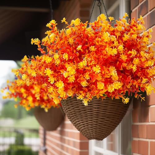 Grunyia 12 Bundles Artificial Fall Flowers No Fade Faux Autumn Plants, Fake Indoor Outdoor Greenery Decorations for Thanksgiving Christmas Wedding Party Home Garden Fireplace Décor (Fall Orange) - color: Fall Orange