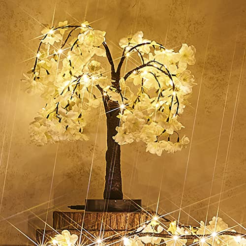 Fudios Lighted White Cherry Blossom Tree 40 LED 18IN Japanese Room Decor,Artificial Flower Tree with Lights Battery USB Plug for Wedding Party Summer Mantle Decoration - color: White Cherry Tree