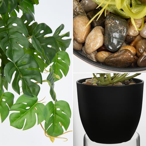 DILATATA Fake Plants Indoor 8 Inch Artificial Monstera Plant in Black Plastic Pot - Faux Potted Tropical Palm Plant for Home Aesthetic Decor Living Room Shelf Office - color: Monstera #Plastic#style 1