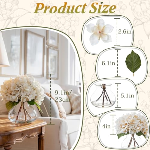White Artificial Hydrangea Flowers with Glass Vase, Faux Floral Arrangements with Fake Water, Lifelike Hydrangeas Table Centerpieces for Dining Room, Coffee Table, Bathroom Decor - color: D-white