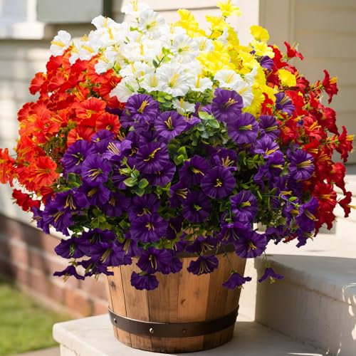 Grunyia Artificial Faux Flowers for Outdoor 16 Bundles Boxwood Fake Morning Glory for Planter,UV Resistant Fake Flowers for Home Porch Patio Outside (White,Yelow,Orange,Red,Purple) - color: Mix(white,yelow,orange,red,purple)