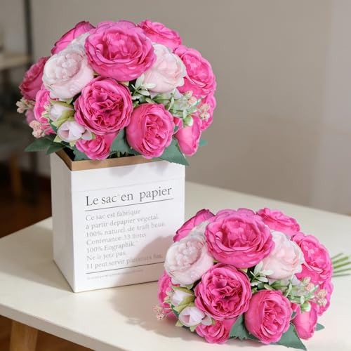 2 Pack Pink Artificial Peony Bouquet |Silk Peonies with Buds & Foliage, Realistic Faux Flower Available for Wedding Bridal, Party Backdrop Decor, Wreath DIY, Home Table Centerpiece,Door Garland - color: Pink