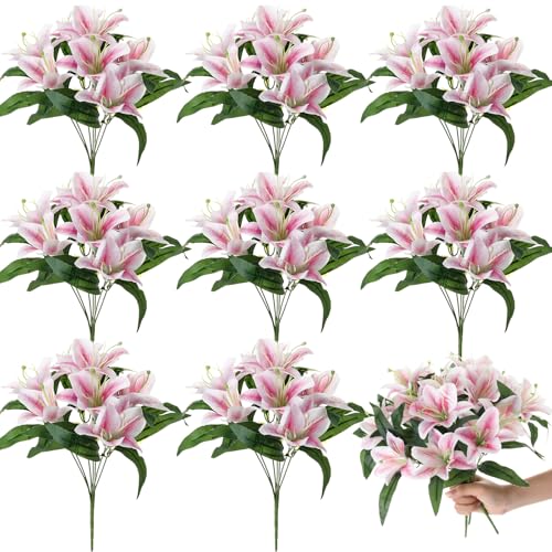 Giegxin 8 Pcs Artificial Tiger Lily Bouquets, Silk Faux Easter Lilies with 7 Heads, Realistic Spring Flowers for Wedding Centerpieces, Home Vase Decor, Party & Event Arrangements (Pink) - color: Pink