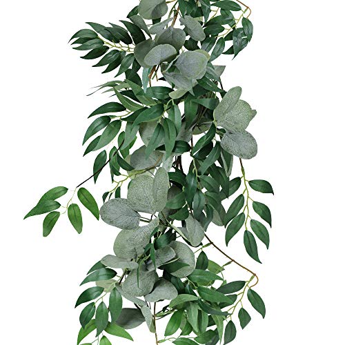 Windiy 5.5' L Mixed Faux Silver Dollar Eucalyptus Artificial Willow Vines Twigs Leaves Garland Wedding Arch Swag Backdrop Greenery Garland Table Runner Indoor Outdoor