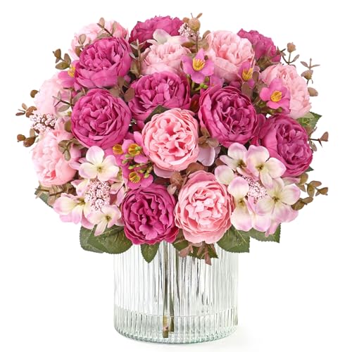 DEMIUKO 2PCS Peonies Artificial Flowers, Faux Peony Bouquet Fake Silk Flower for Vase Faux Floral Arrangements Plastic Flowers for Farmhouse Home Kitchen Table Centerpiece Party Wedding Decor - color: Rose Red, size: 2PCS