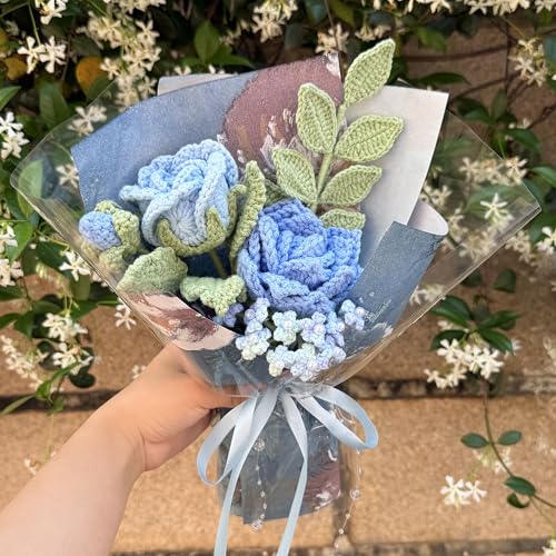 Blue Rose Crochet Flowers Bouquet Handmade Knitted Artificial Flowers Home Decor - color: Flowers003