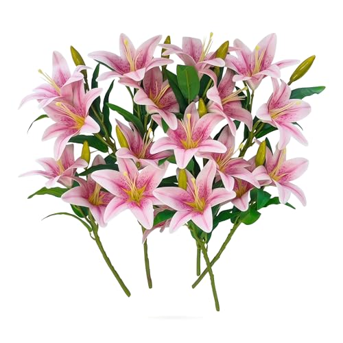 ATFL Artificial Lilies Flowers,9 Pcs Faux Lily Flowers,16''Tiger Lily Branches with 2 Full Blooms and 1 Bud,Faux Fake Lilies Plants for Wedding Bouquet Floral Arrangements (9, Purple) - color: Purple