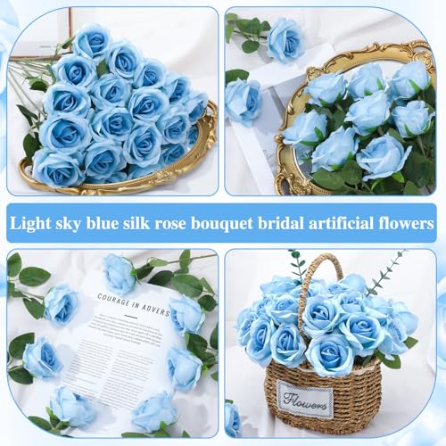 150 Pcs Roses Artificial Flowers, Silk Light Sky Blue Artificial Flowers Petals Long Stem Roses for Wedding Bouquet Home Party Decor - color: Light Sky Blue