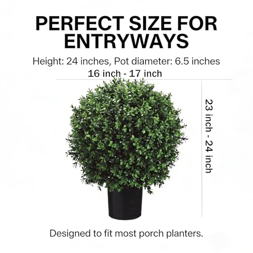 Artificial Boxwood Topiary Trees, 24 Inch Faux Plants for Front Door Porch Decor, 2 Pack UV Resistant Fake Greenery in Pots for Patio Entryway Indoor Outdoor - size: 24" Boxwood