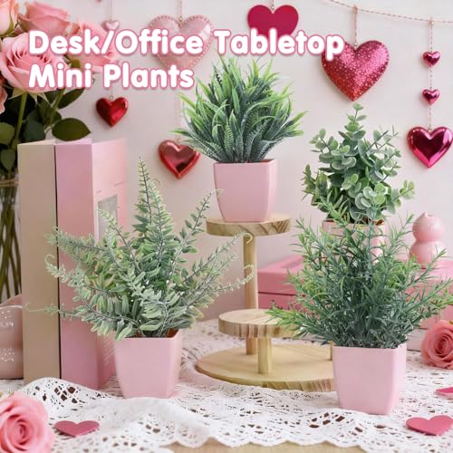 summer flower 4 Pack Small Fake Plants in Pink Pot Artificial Plant Indoor Eucalyptus Wheat Grass Ferns Rosemary Faux Greenery for Room Decor Home Office Desk Bathroom Kitchen Living Room Decorations - color: Pink-4