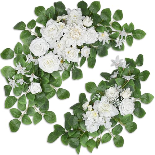 Wedding Arch Flowers Set of 2, White Artificial Flowers for Wedding Arch, Artificial Floral Swags for Ceremony Reception, Welcome Signs, Bridal Shower, Backdrop Decoration (White) - color: White