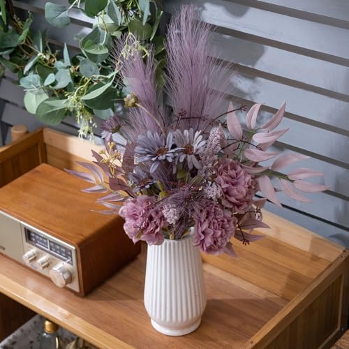 Artificial Fake Faux Flowers Silk Flower Arrangements Bouquets Consists of Peonies, Chrysanthemums, Pampas Grass (Purple) - color: Purple
