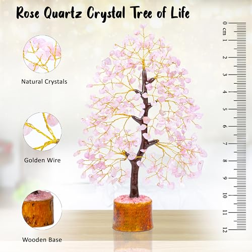 Crocon® Rose Quartz Crystal Tree Room Decor & Cute Pink Home Decor Healing Crystals Chakra Tree of Life Birthday Gifts for Women Mom Her Sister House Warming Gifts Spiritual Presents Womens Gift - color: Rose Quartz (Golden Wire)