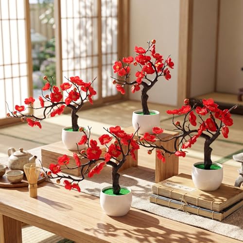 Suncalla 4 Pack Artificial Red Plum Blossom Fake Bonsai, Silk Flower Arrangement with Flower Pot, Cherry Blossoms Decor for Hibachi Party Chinese Japanese Asian Theme Party Supplies (Lateral) - style: Lateral