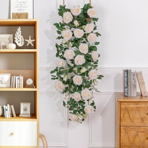 U'Artlines 3 Pack Artificial Champagne Rose Vines Floral Garlands Total 19.5 Ft Fake Vine Silk Flower Garland for Indoor Outdoor Home Wedding Arch Garden Wall Decoration - color: Champagne, size: Set of 3