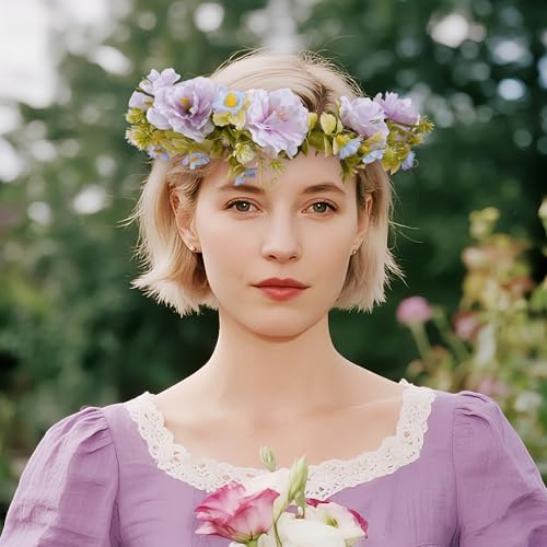 Purple Flower Crown Headband, Artificial Rose Daisy Floral Headpiece, Fairy Boho Bridal Flower Crown for Women Girls Maternity Renaissance Weeding Festivals Birthday Hair Accessories - color: Rose Daisy Purple