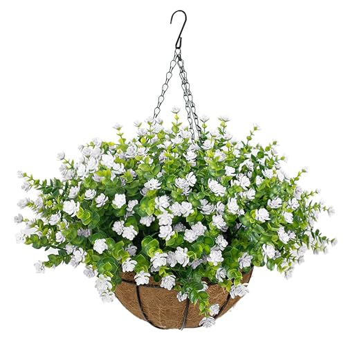 NETAP Artificial Hanging Flowers Basket for Outdoor, 16 Fake Flowers Look Real UV Resistant, Faux Hanging Plants for Porch, Balcony, Patio, Garden, Spring Summer Decor,White - color: White