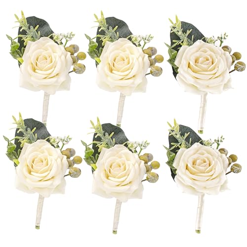 White Boutonniere for Men,Prom boutonnieres,Groom and Groomsmen Boutonniere for Wedding Ceremony Anniversary, Formal Dinner Party and Grad Night (Set of 6) - color: White, size: set of 6