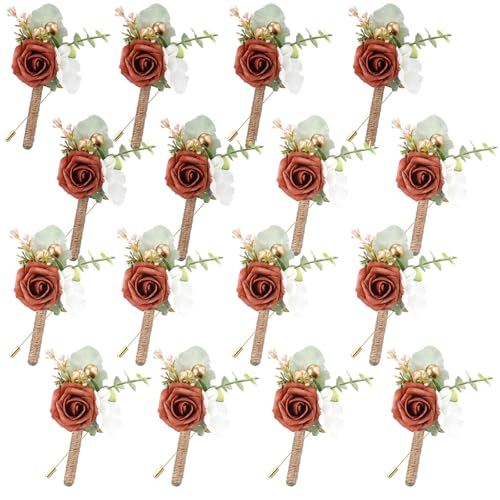 Crowye 16 Pcs Boutonniere for Men Wedding with Pins Set Groom and Groomsmen Ceremony Anniversary Corsage Wedding Flowers Artificial Bouquets for Formal Dinner Party Fall Vintage Prom (Dirty Orange) - color: Dirty Orange